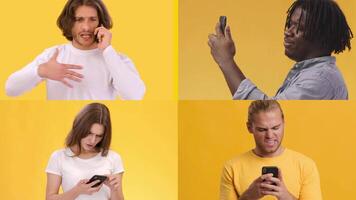Four people engage with their smartphones, each displaying different emotions and expressions. The bright yellow backdrop enhances the lively atmosphere of their interactions. video