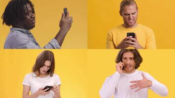 Four individuals are focused on their smartphones, each displaying different expressions and reactions. The vibrant yellow backdrop adds a lively atmosphere to the moment. video