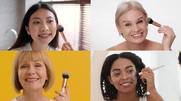 Four women from diverse backgrounds apply makeup and skincare products in bright, inviting spaces. Each enjoys a moment of self-care and beauty enhancement, showcasing varied routines and smiles. video