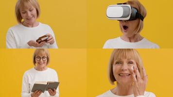 A senior woman explores various activities including using virtual reality, checking a wellness product, reading a book, and smiling in a vibrant yellow backdrop. She showcases curiosity and joy. video