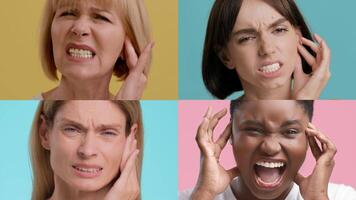 Four individuals display intense expressions of pain and discomfort against vibrant backgrounds. The collage showcases a range of emotions related to injuries or illnesses. video