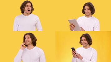 A man with long hair displays different emotions while interacting with a phone, tablet, and talking on another device. His expressions reflect surprise, contemplation, and joy. video