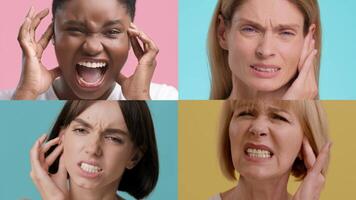 A dynamic collage features four individuals showing expressions of pain and discomfort. Each person is set against a colorful background highlighting their emotions. video