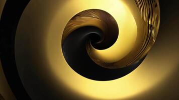 A captivating swirl pattern blends glossy gold and black colors, forming an abstract design with intricate details and depth. The smooth textures create a mesmerizing visual experience. video