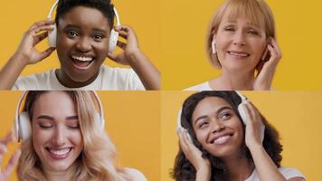 Four people of different ages are joyfully listening to music with headphones. They display expressions of happiness and contentment, set against a bright yellow backdrop. video