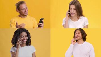 Four individuals are communicating on their mobile phones, showcasing diverse expressions. Each person is positioned in a square, set against a vibrant yellow backdrop, creating a cheerful atmosphere. video