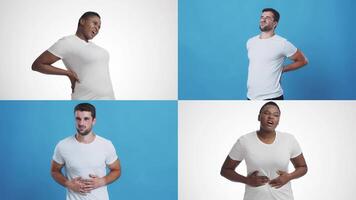 Four individuals demonstrate various expressions of pain and discomfort against a plain background. Their body language conveys feelings of illness, highlighting the impact of health issues. video
