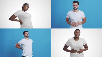 A collection of individuals displays their reactions to different types of pain, emphasizing discomfort in healthcare settings. Expressions range from abdominal distress to back pain. video