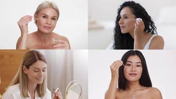 Four women of different backgrounds engage in their daily skin care routines, applying serums with care and pleasure in a bright, serene setting. Each experiences a moment of self-care. video