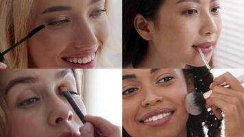 quatre femmes de différent arrière-plans appliquer produits de beauté comme partie de leur beauté routine. elles ou ils sourire tandis que se concentrer sur leur peau se soucier et se maquiller, montrant le joie de soins auto-administrés et choyer. video