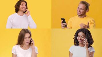 Four individuals of varying backgrounds interact with their mobile phones, showcasing smiles and gestures against a bright yellow background. The atmosphere is cheerful and lively. video