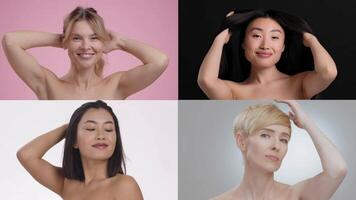 A collection of women from different backgrounds engaged in a skin care routine, showcasing beauty and self-care practices. Each is applying products while enjoying the moment of pampering. video