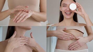 Beautiful woman showcase her diverse skin care routines, applying products to hands, face, and body in a bright and inviting setting, highlighting the joy of self-care and pampering. video