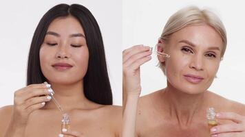 Two women from different backgrounds apply skincare serums to their faces, showcasing a pampering beauty routine. They emphasize the importance of diversity in beauty practices. video