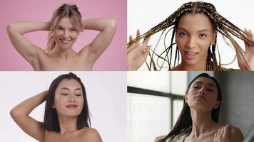 Four women showcase their unique beauty while engaging in pampering routines. Each woman expresses self-care and confidence in a colorful setting, celebrating diversity and body positivity. video