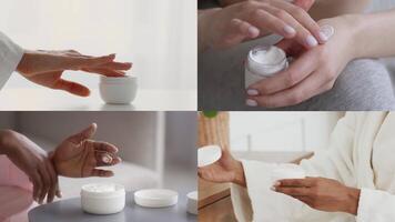 Four women from diverse backgrounds are enjoying their skincare routines, applying cream and pampering themselves in a calm and comfortable setting, enhancing their beauty and self-care. video