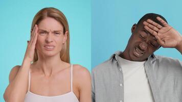 Two multiracial individuals display expressions of pain and discomfort, highlighting the theme of suffering in a healthcare setting against a vibrant blue backdrop. video