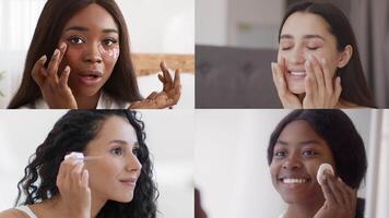 Four women engage in different skincare routines in a well-lit bathroom, showcasing various application techniques with a positive and relaxed vibe. Their expressions reflect enjoyment in self-care. video