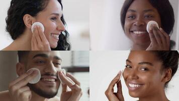 A group of four individuals engages in a skincare routine, applying products with cotton pads. video