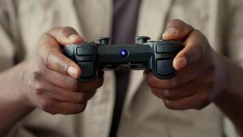A young African American man focuses on his gaming while holding a console controller. Surrounding him are modern gadgets, showcasing a deep connection with technology in a cozy home setting. video