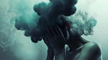 une figure avec mains couvrant leur visage est immergé dans tourbillonnant brume. le contrastant couleurs créer une onirique atmosphère, évoquant sentiments de introspection et mystère. video