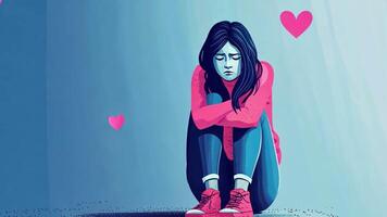 A young person sits on the ground, hugging their knees, expressing feelings of sadness and loneliness. Surrounding them are floating hearts, symbolizing lost affection and desire for connection. video