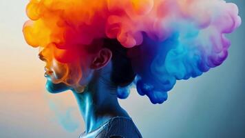 A woman stands gracefully, with colorful smoke enveloping her head, symbolizing creativity and imagination. The background features soft gradients, enhancing the artistic vibe of the moment. video