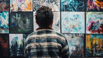 A person stands in front of a collection of colorful contemporary art, absorbing the creativity displayed on the walls. The environment is filled with artistic energy and inspiration. video