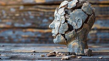 A humanoid figure, appearing cracked and fragmented, is set against a weathered wooden background. video