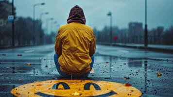 A figure wearing a yellow jacket sits on a deserted, wet street under grey skies. Rain falls softly, and a large smiling face is painted on the ground, contrasting the somber atmosphere. video