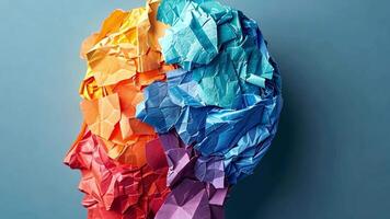 A striking representation of human creativity features a profile made entirely of crumpled paper in vibrant colors. This artwork emphasizes the imaginative process and artistic expression. video