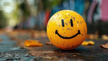 A cheerful yellow ball with a smiley face rests on a colorful urban street, surrounded by scattered leaves. The setting exudes a playful and lively atmosphere. video