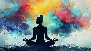 A person sits cross-legged in a meditative pose, surrounded by a burst of colorful abstract patterns that evoke tranquility and inner peace. The artwork symbolizes mindfulness and connection. video