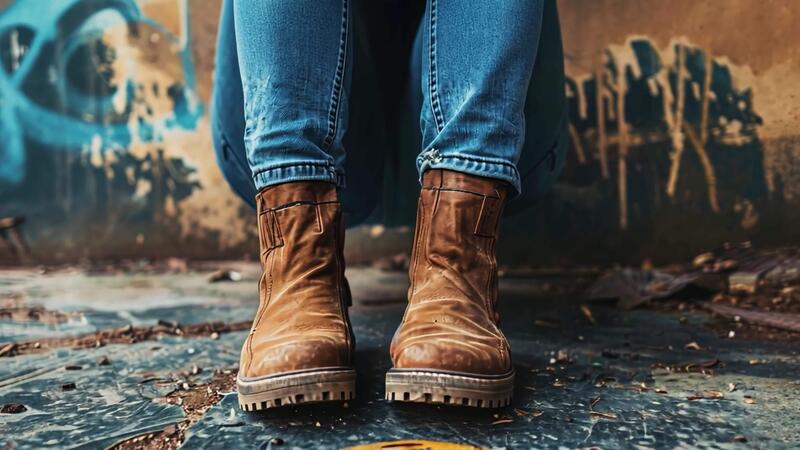 Rugged brown boots rest on a textured surface surrounded by colorful graffiti and signs of urban decay. The setting reveals a blend of nature and artistry creating a unique atmosphere. 55312905 Stock