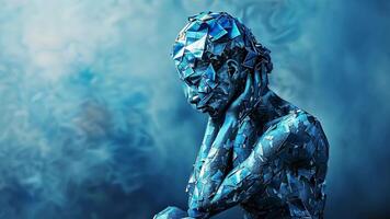 A figure sits in a reflective pose, covered in intricate blue geometric shapes that resemble crystal. The abstract background enhances the thoughtful ambiance, creating a serene atmosphere. video