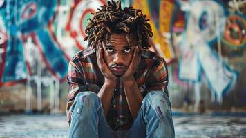 A young man sits with his hands on his head, displaying a sense of despair. He is dressed casually with a checked shirt and jeans, contrasting against vibrant graffiti in the background. video
