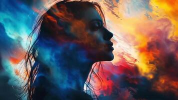 A silhouette of a person is artfully integrated with vibrant, abstract colors and swirling clouds, creating a mesmerizing visual. The scene captures an enchanting blend of creativity and emotion. video