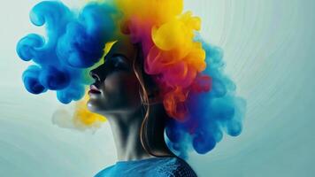 A person with closed eyes stands still while colorful smoke billows around their head, creating a dreamy and artistic atmosphere. The hues blend seamlessly, offering a serene visual experience. video