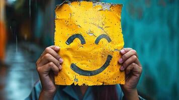 A person stands in a colorful alley, hiding their face behind a faded yellow sign featuring a smiling expression. The overall atmosphere is lively yet moody, enhanced by raindrops. video