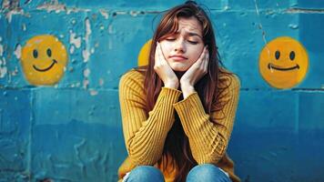 A young woman is resting her chin on her hands while sitting against a vibrant wall adorned with smiley faces. Her expression reflects deep thought and introspection in a lively urban environment. video