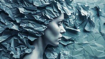 A captivating portrayal of a woman's profile against a textured backdrop created from crumpled paper. The arrangement forms an artistic representation of flowing hair, merging creativity and elegance. video
