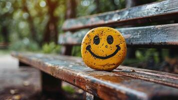 A bright yellow rock with a smiling face rests on a worn wooden bench in a peaceful park. Surrounding greenery adds to the cheerful atmosphere during a sunny day. video