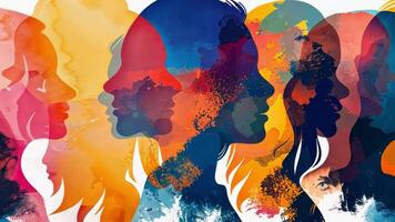 Artistic silhouettes of women are prominently displayed in a vivid blend of colors, showcasing their profiles in a harmonious and visually striking composition. video