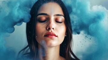 A serene woman with closed eyes is enveloped in vibrant blue smoke that swirls around her, creating a tranquil and dreamlike atmosphere. The composition exudes calmness and introspection. video