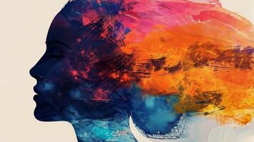 A striking visual features the silhouette of a woman, filled with dynamic colors and abstract patterns. This artwork reflects creativity and imagination through its vivid blend of hues. video