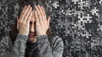 A woman with long hair sits with her hands on her head, expressing frustration and stress. The background features an incomplete jigsaw puzzle, indicating a challenging task. video