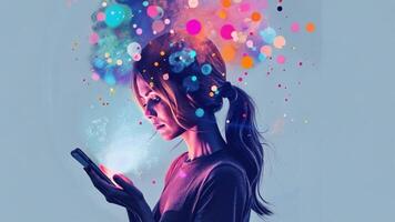 A woman gazes intently at her smartphone, surrounded by a vibrant explosion of colors and digital elements, representing creativity and inspiration. video