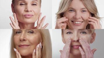 Four diverse women showcase their skincare routines, emphasizing self-care and beauty techniques. Each woman displays unique expressions of enjoyment and relaxation, highlighting diversity. video