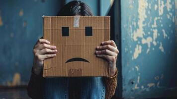 A person sits on the floor of an empty room, holding a cardboard box with a sad face drawn on it. The wall is peeling, and the atmosphere evokes feelings of solitude and introspection. video