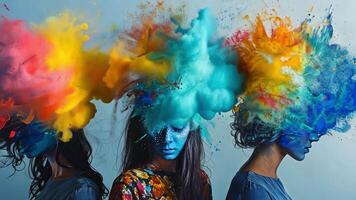 Three individuals showcase creative hairstyles while colorful paints explode from their heads, symbolizing artistic expression and emotion. Each person displays a distinct look and style. video